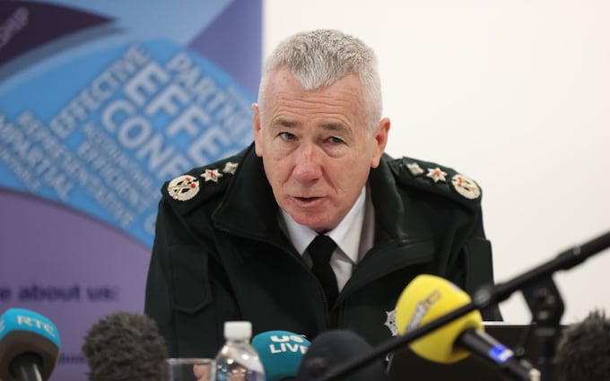 PSNI Chief Co<em></em>nstable Jon Boutcher speaking to the media during a press co<em></em>nference at James House, Belfast