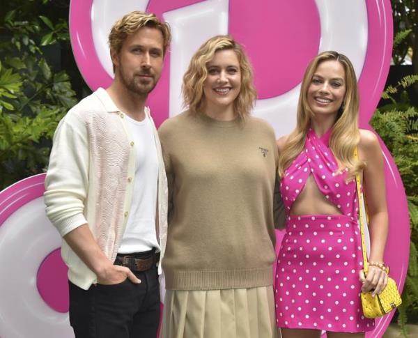 Ryan Gosling, from left, Greta Gerwig and Margot Robbie arrive at a photo call for 