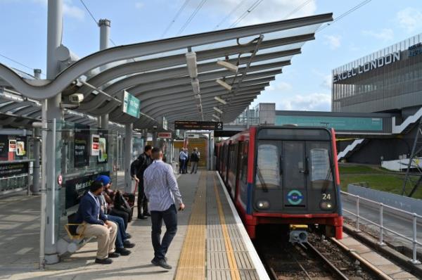 LONDON, ENGLAND - SEPTEMBER 26: A general view of a Docklands Light Railway train approaching the Prince Regent Station by the Excel Lo<em></em>ndon on September 26, 2023 in London, England. (Photo by John Keeble/Getty Images)