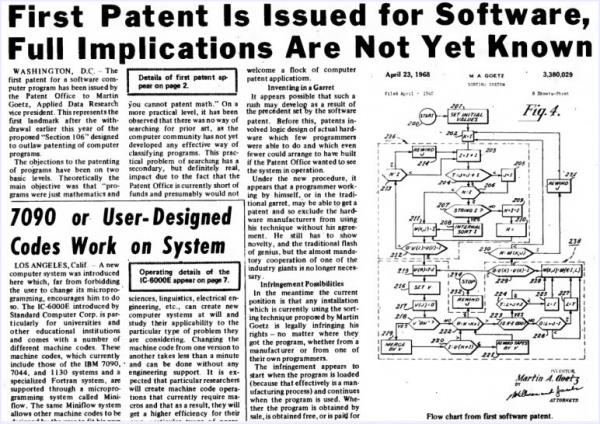 computerworld 1968 article on first software patent