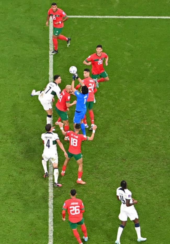 Morocco’s goalkeeper Yassine Bounou and his defence stand firm against Portugal in their 2022 World Cup quarter-final.