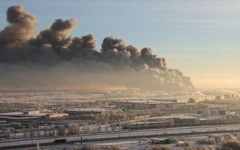 A view of the burning warehouse outside St Petersburg