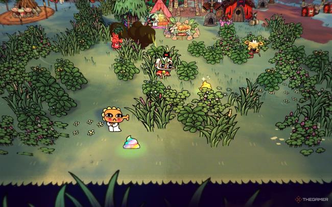 A screenshot from Cult of the Lamb showing a shy follower and two poop variations, with one being gold and the other rainbow colored.