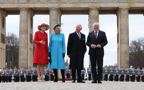 The King and Queen attend a ceremo<em></em>nial welcome at Brandenburg Gate in Berlin on his first state visit