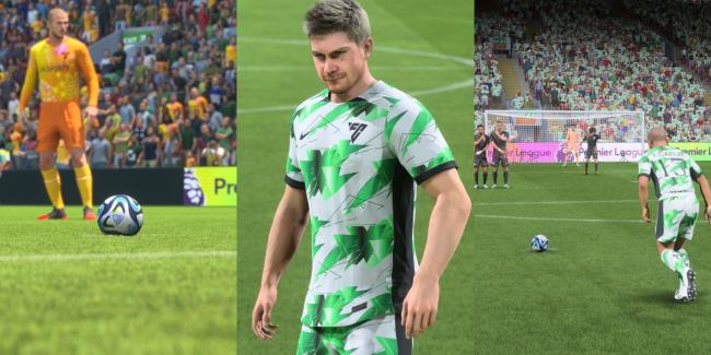 A split image of David Beckham, Kevin De Bruyne, and Roberto Carlos a<em></em>bout to take Free Kicks in EA FC 24.