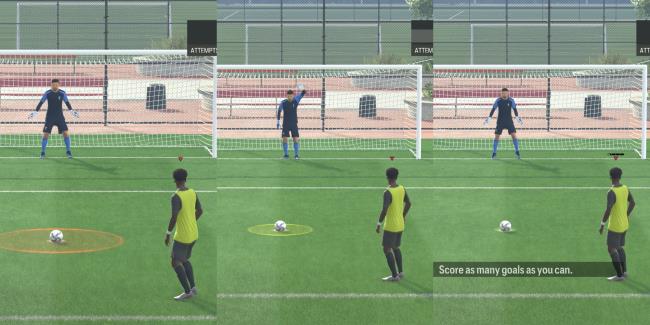 Player attempting penalty shot against goalkeeper, with three different accuracy meter sizes.