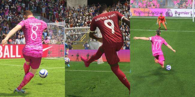 A split image of Dzeko, Fati, and Haaland doing Power Shots in EA Sports FC 24.