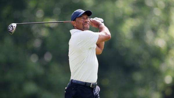 Tiger Woods plays a tee shot during Monday's practice round at Valhalla ahead of the US PGA Championship