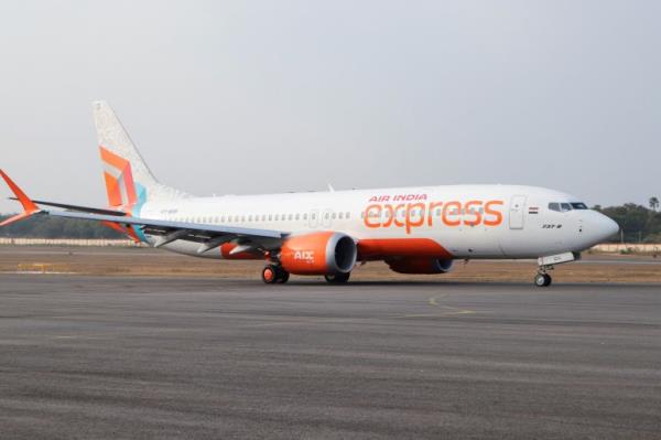 An Air India Express aircraft is displayed at Wings India 2024 aviation event at Begumpet airport, Hyderabad, India,