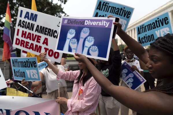 FILE - Demo<em></em>nstrators protest outside of the Supreme Court in Washington, in this June 29, 2023 file photo, after the Supreme Court struck down affirmative action in college admissions, saying race cannot be a factor. (AP Photo/Jose Luis Magana)