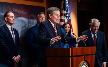 Steve Daines, a Republican senator, co<em></em>ndemns Joe Biden's decision to pause delivery of bombs to Israel flanked by Republican colleagues