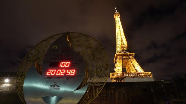 The Paris 2024 Countdown Clock near the Eiffel Tower