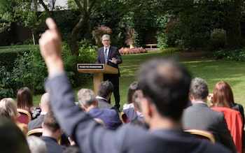 Sir Keir Starmer, the Prime Minister, answers questions in the 10 Downing Street Rose Garden this morning