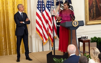 Former First Lady Michelle Obama delivers remarks alo<em></em>ngside former U.S. President Barack Obama at a ceremony to unveil their official White House portraits at the White House on September 7, 2022 in Washington