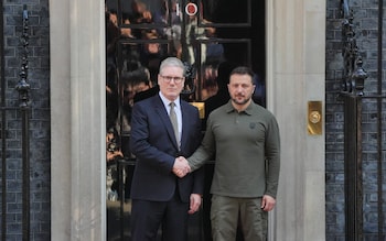 Sir Keir Starmer welcomes Volodymyr Zelensky to 10 Downing Street wher<em></em>e the Ukrainian president was due to address the Cabinet