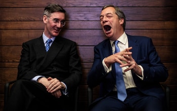 Jacob Rees-Mogg and Nigel Farage attend a Leave Means Leave Brexit rally in Lo<em></em>ndon in 2018 