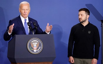 US President Joe Biden speaks alo<em></em>ngside Ukraine's President Volodymyr Zelensky during July's Nato summit