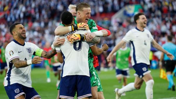  England v Switzerland - Dusseldorf Arena, Dusseldorf, Germany - July 6, 2024 England's Trent Alexander-Arnold and Jordan Pickford celebrate after winning the penalty shootout Pic: Reuters