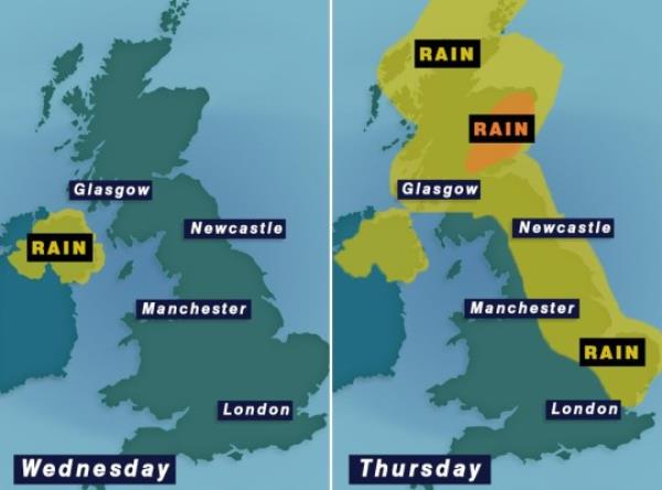 Weather warnings map for Wednesday and Thursday