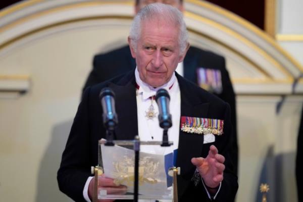 King Charles III addresses assembled guests during a dinner at Mansion House in Lo<em></em>ndon to recognise the work of the City of Lo<em></em>ndon civic institutions and Livery Companies, the city's ancient and modern trade guilds. Picture date: Wednesday October 18, 2023. PA Photo. See PA story ROYAL King. Photo credit should read: Kirsty Wigglesworth/PA Wire