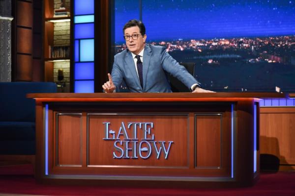 Stephen Colbert in a suit and tie during a broadcast of 'The Late Show with Stephen Colbert', taken on June 26, 2017.