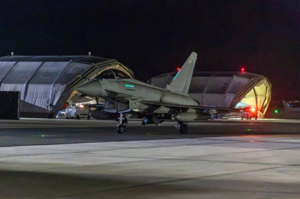 In this image provided on Friday Jan. 12, 2024 by the UK Ministry of Defence an RAF Typhoon aircraft returns to ba<em></em>se at RAF Akrotiri in Cyprus, after striking targets in Yemen. The U.S. and British militaries bombed more than a dozen sites used by the Iranian-backed Houthis in Yemen late on Thursday Jan. 11, in a massive retaliatory strike using warship- and submarine-launched Tomahawk missiles and fighter jets, U.S. officials said. (Sgt Lee Goddard, UK Ministry of Defence via AP)