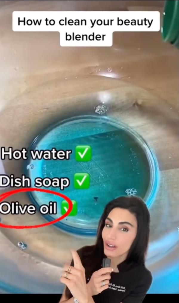 She explained that hot water helps to loosen everything, soap disinfects, and olive oil pulls the oils left behind from skin and makeup products, for a deeper clean. 