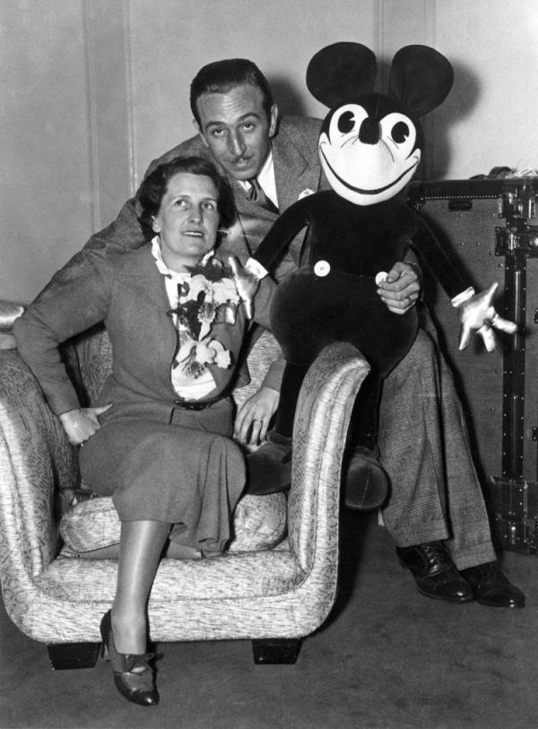 Walt and Lillian Disney pose with Mickey Mouse in Lo<em></em>ndon in 1935. Lillian gave Mickey his name.