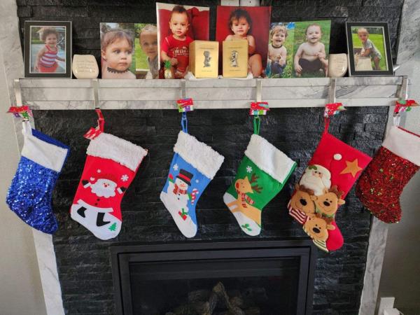 Five Christmas stockings, photos of Luna and Phoenix and canisters with their ashes adorn the mantel at the Rodriguez home