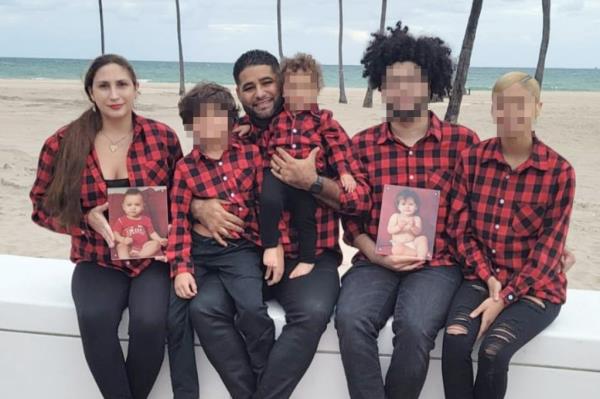 Marissa Quattrone Rodriguez, Juan Rodriguez and their four children wearing matching red and black checkered flannels. Marissa and one of the children hold pictures of Luna and Phoenix. 