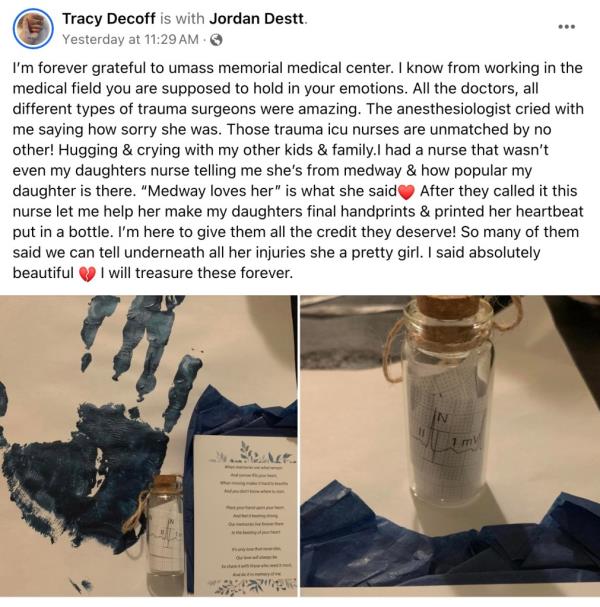 Destini Decoff's final handprint and a printout of her heartbeat after her death Sunday