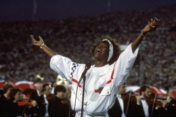 Whitney Houston sings the Natio<em></em>nal Anthem before a game with the New York Giants taking on the Buffalo Bills prior to Super Bowl XXV at Tampa Stadium on January 27, 1991 in Tampa, Florida.