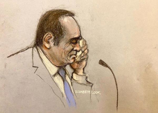 A sketch of Spacey crying in court while testifying on July 13, 2023 in the Lo<em></em>ndon trial.