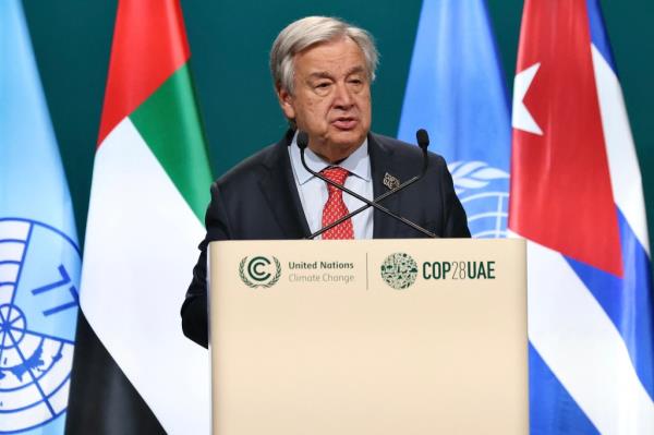 United Nations Secretary-General Anto<em></em>nio Guterres during a press co<em></em>nference at the COP28 United Nations climate summit in Dubai.