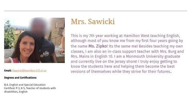 A photo of Sawicki in her now-deleted teacher's profile