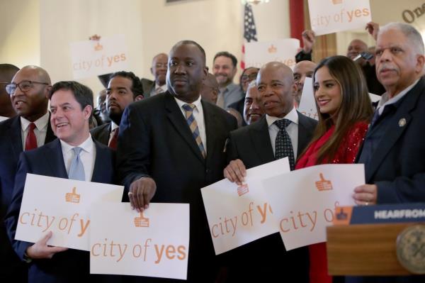 Garodnick (second from left) and Adams (third from right) are joined by other pols who support Adams' trio of 