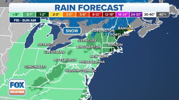 The precipitation expected to hit Friday could mean snow showers in the higher elevations of New York, New Hampshire, Vermont and Maine. 