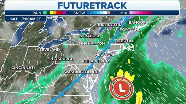 A map tracks the wet weather that's ready to slam the Northeast, as precipitation is expected to begin falling on Friday, with the coastal low’s impacts felt on Saturday. 