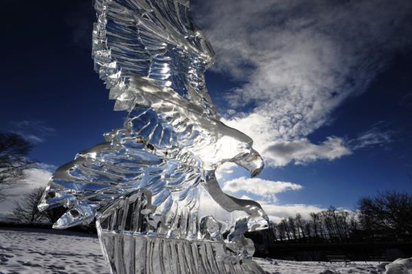 The sun shines through an ice sculpture of an eagle carved during this year's Hunter Ice Festival in downtown Niles, Mich., Friday, Jan. 19, 2024.(Don Campbell  /The Herald-Palladium via AP)