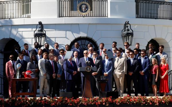 Biden was hosting the NFL team to celebrate their Super Bowl victory.