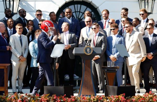 Biden walked around wearing the gifted helmet.