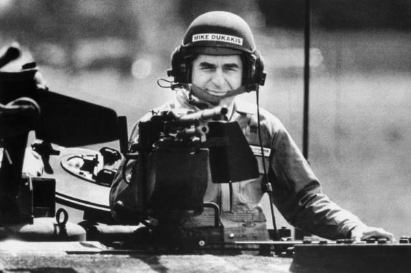 Former Democratic presidential candidate Michael Dukakis rides a M1-A-1 battle tank during a visit to General Dynamics in Sterling Heights, Mi. i9n 1988.