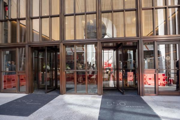 An exterior view of the newly renovated lobby, redesigned by Gensler at 550 Madison Avenue  on September 29, 2021.