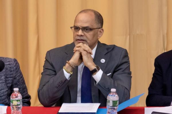 Schools Chancellor David C Banks at a School Board meeting at the Murry Bergtraum  High Scool at 411 Pearl St in downtown Manhattan.