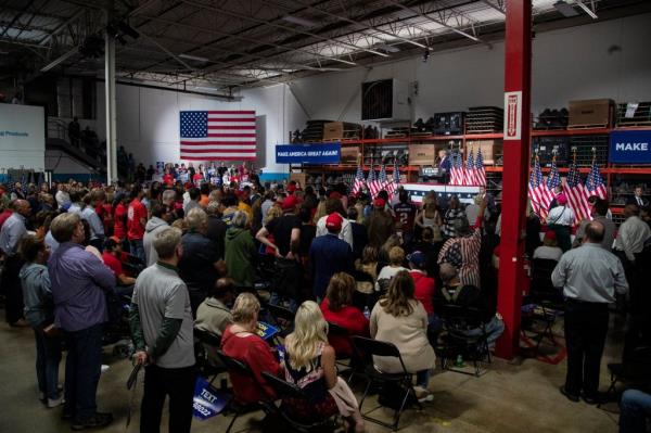 Former President Do<em></em>nald Trump speaks at Drake Enterprise in Clinton Township on Wednesday, Sept. 27, 2023.