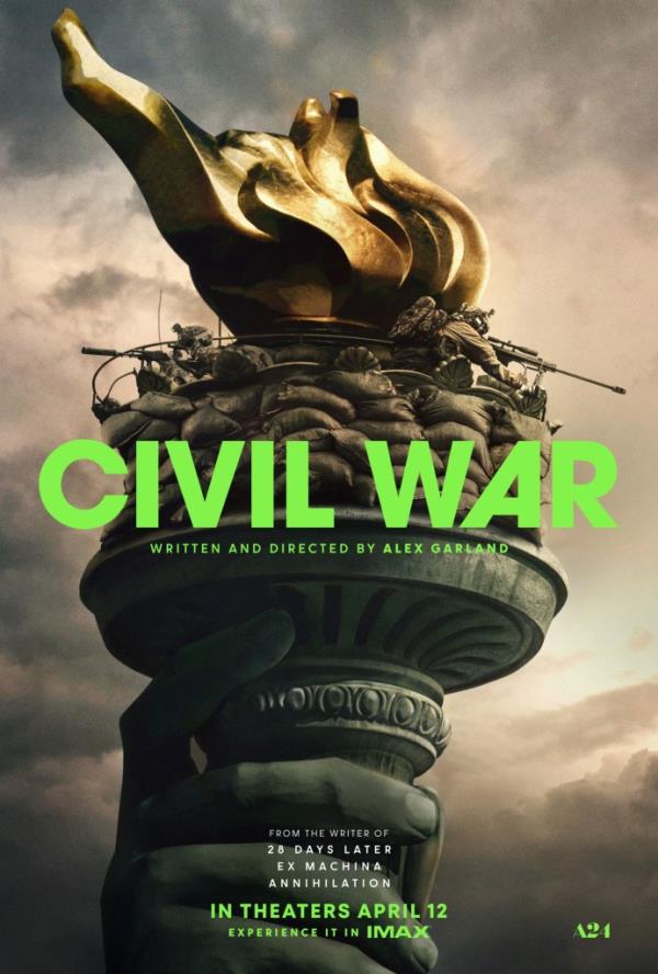 Movie poster for the dystopian film 'Civil War 2024' featuring a statue, promoting its adrenaline-fueled narrative and expected successful opening weekend.