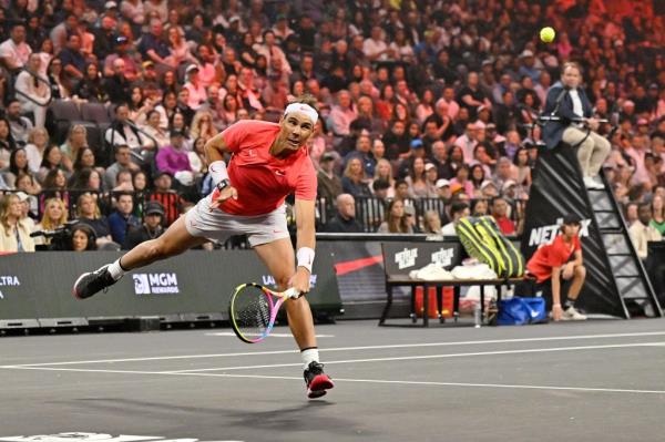 : Rafael Nadal competes in The Netflix Slam, a live Netflix Sports event at the MGM Resorts | Michelob Ultra Arena on March 03, 2024 in Las Vegas, Nevada. (