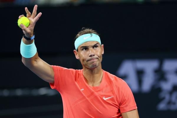 Rafael Nadal of Spain waves to the crowd in his match against Dominic Thiem of Austria during the Brisbane Internatio<em></em>nal tennis tournament in Brisbane, Australia, Tuesday, Jan. 2, 2024.