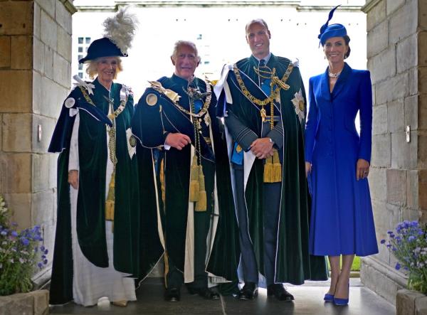 From left, Queen Camilla, Britain's King Charles III, Britain's Prince William and Kate, Princess of Wales, stand at the Palace of Holyroodhouse, after the Natio<em></em>nal Service of Thanksgiving and Dedication for King Charles III and Queen Camilla, and the presentation of the Ho<em></em>nours of Scotland, in Edinburgh, Wednesday July 5, 2023. (Yui Mok/Pool Photo via AP)