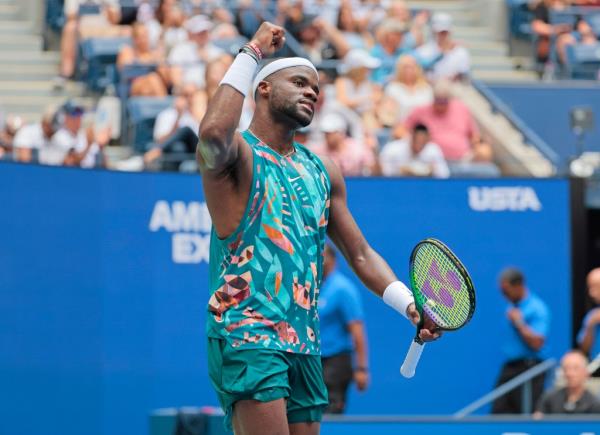 Frances Tiafoe celebrates during hsi US Open match on Aug. 28. 